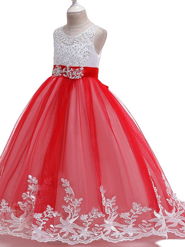 Princess Tulle Sleeveless Jewel Flower Girl Dress with Bow Appliques Beading-BallBride