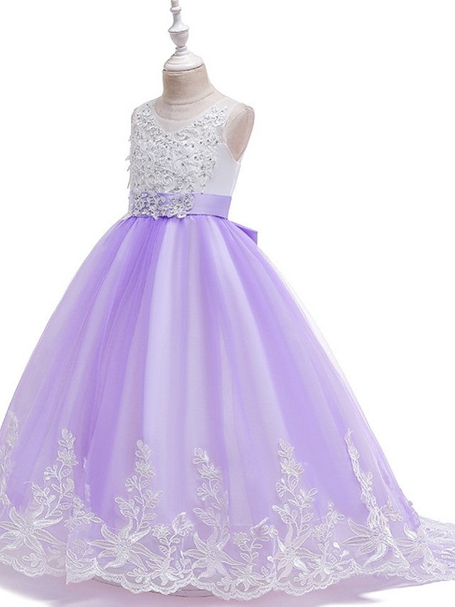 Princess Tulle Sleeveless Jewel Flower Girl Dress with Bow Appliques Beading-BallBride