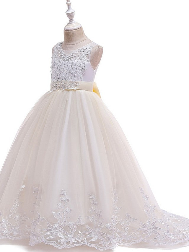 Princess Tulle Sleeveless Jewel Flower Girl Dress with Bow Appliques Beading-BallBride