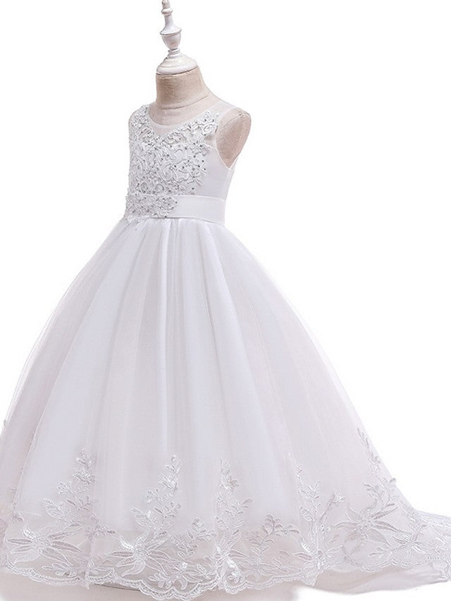 Princess Tulle Sleeveless Jewel Flower Girl Dress with Bow Appliques Beading-BallBride