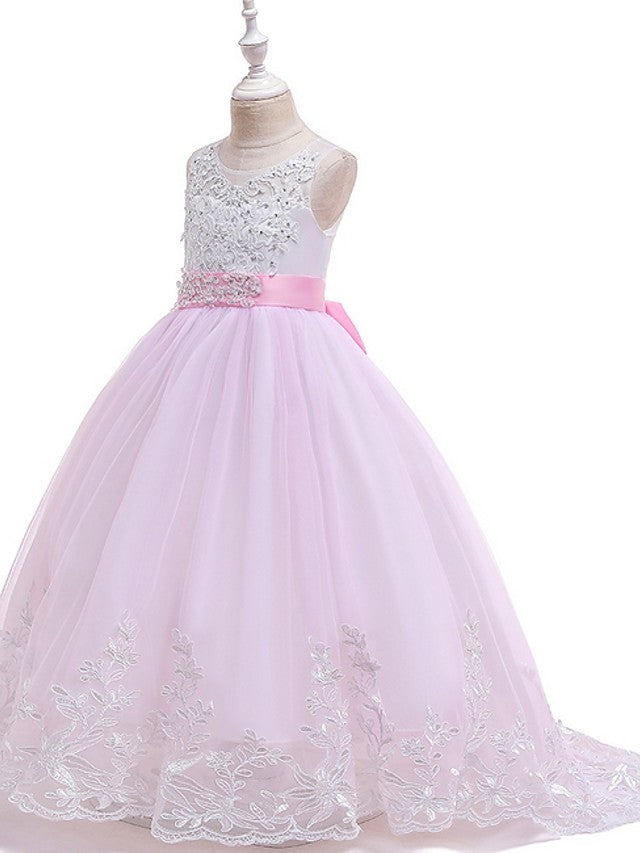 Princess Tulle Sleeveless Jewel Flower Girl Dress with Bow Appliques Beading-BallBride