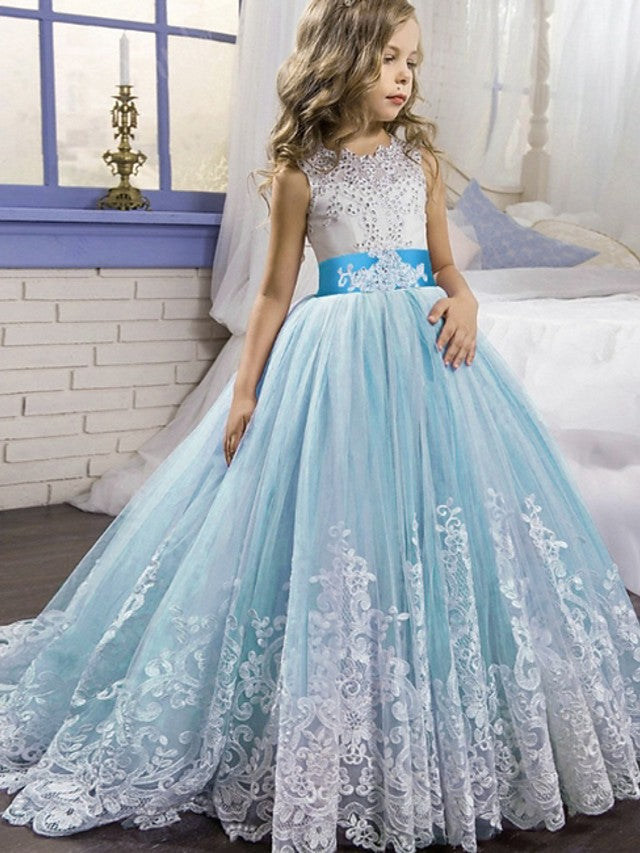 Princess Tulle Sleeveless Jewel Flower Girl Dress with Bow Appliques Beading-BallBride