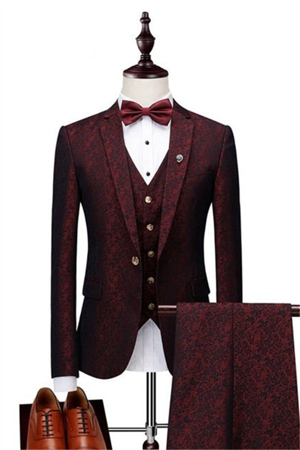 Prom-Ready Three Piece Jacquard Men's Suit in Wine Ruby-BallBride