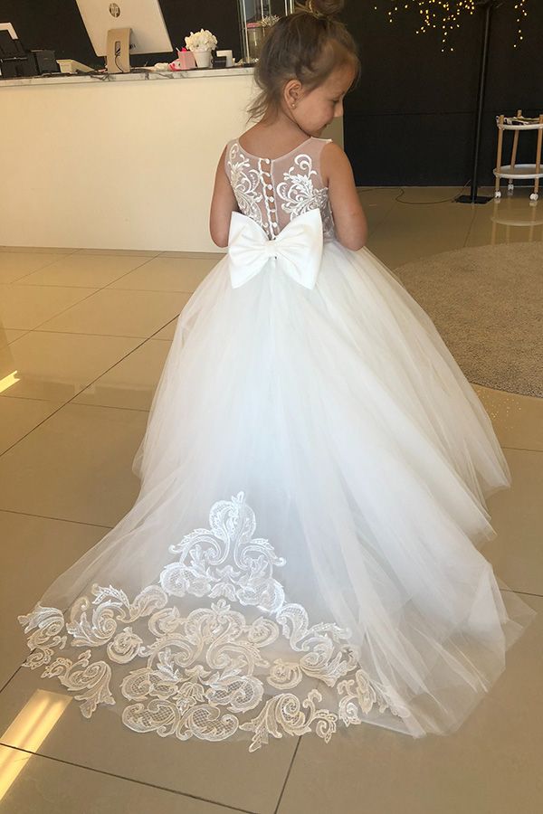 Puffy Jewel Sleeveless Flower Girls Dress with Bow Appliques-BallBride