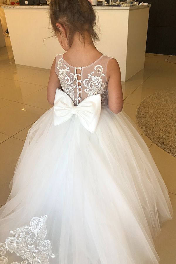 Puffy Jewel Sleeveless Flower Girls Dress with Bow Appliques-BallBride
