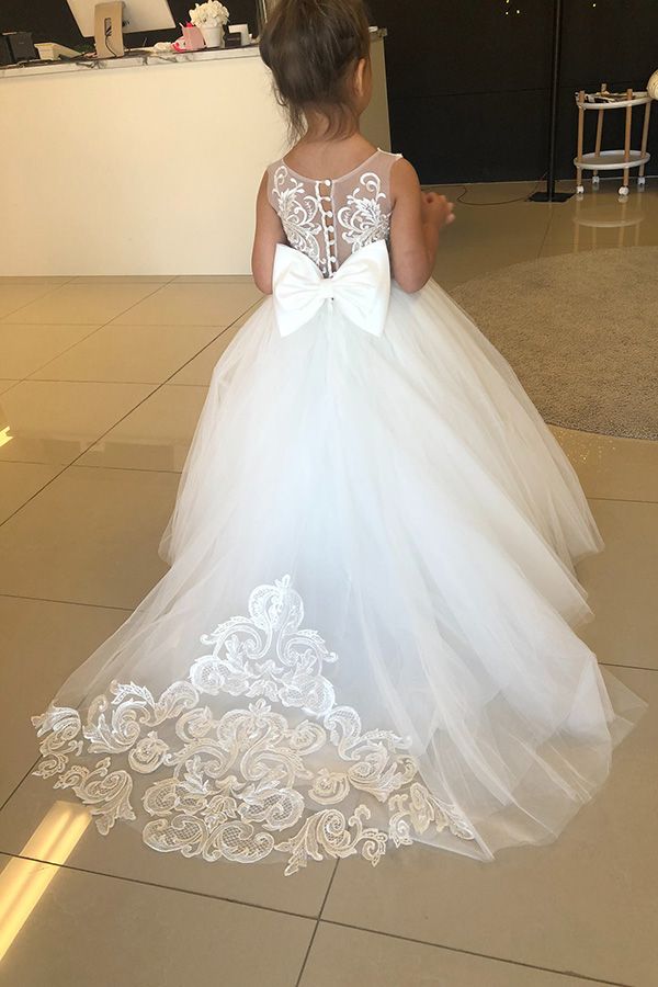 Puffy Jewel Sleeveless Flower Girls Dress with Bow Appliques-BallBride