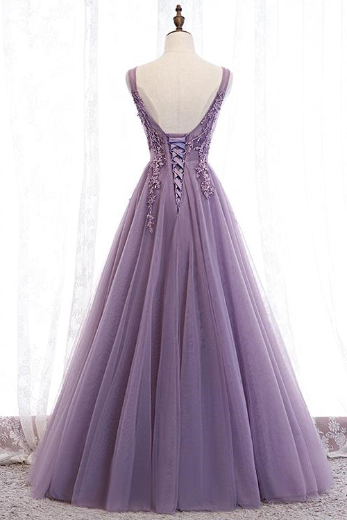 Purple Applique A-Line Prom Dress with V-Neck Open Back-BallBride