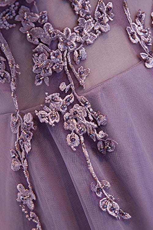 Purple Applique A-Line Prom Dress with V-Neck Open Back-BallBride