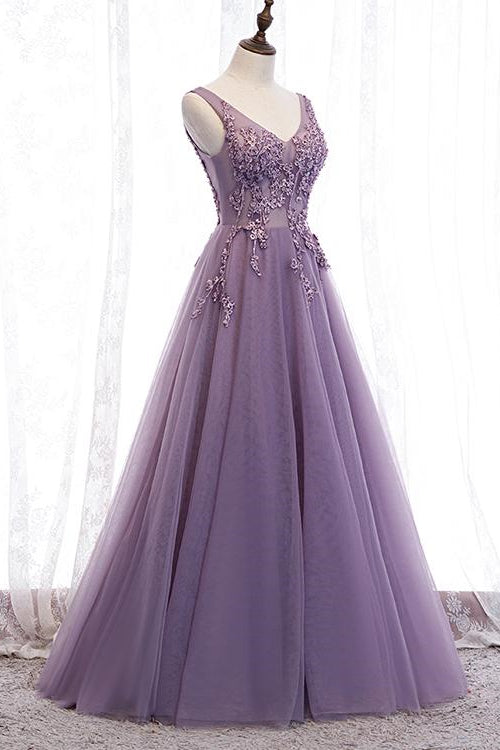 Purple Applique A-Line Prom Dress with V-Neck Open Back-BallBride