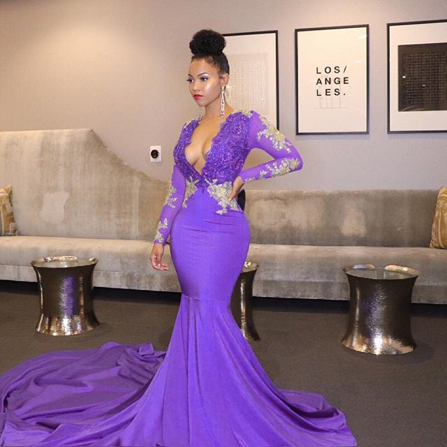 Purple Deep V-Neck Long Sleeves Appliques Mermaid Prom Dress-BallBride