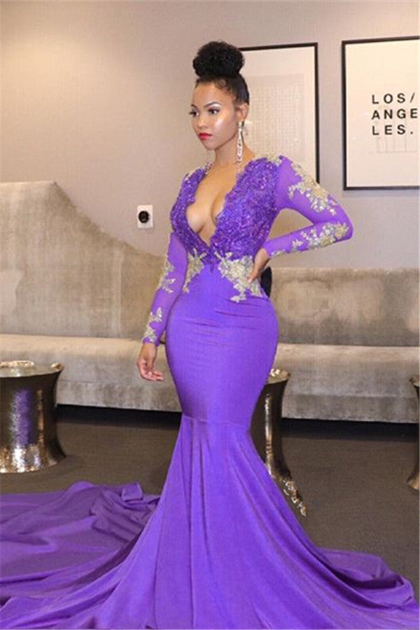Purple Deep V-Neck Long Sleeves Appliques Mermaid Prom Dress-BallBride