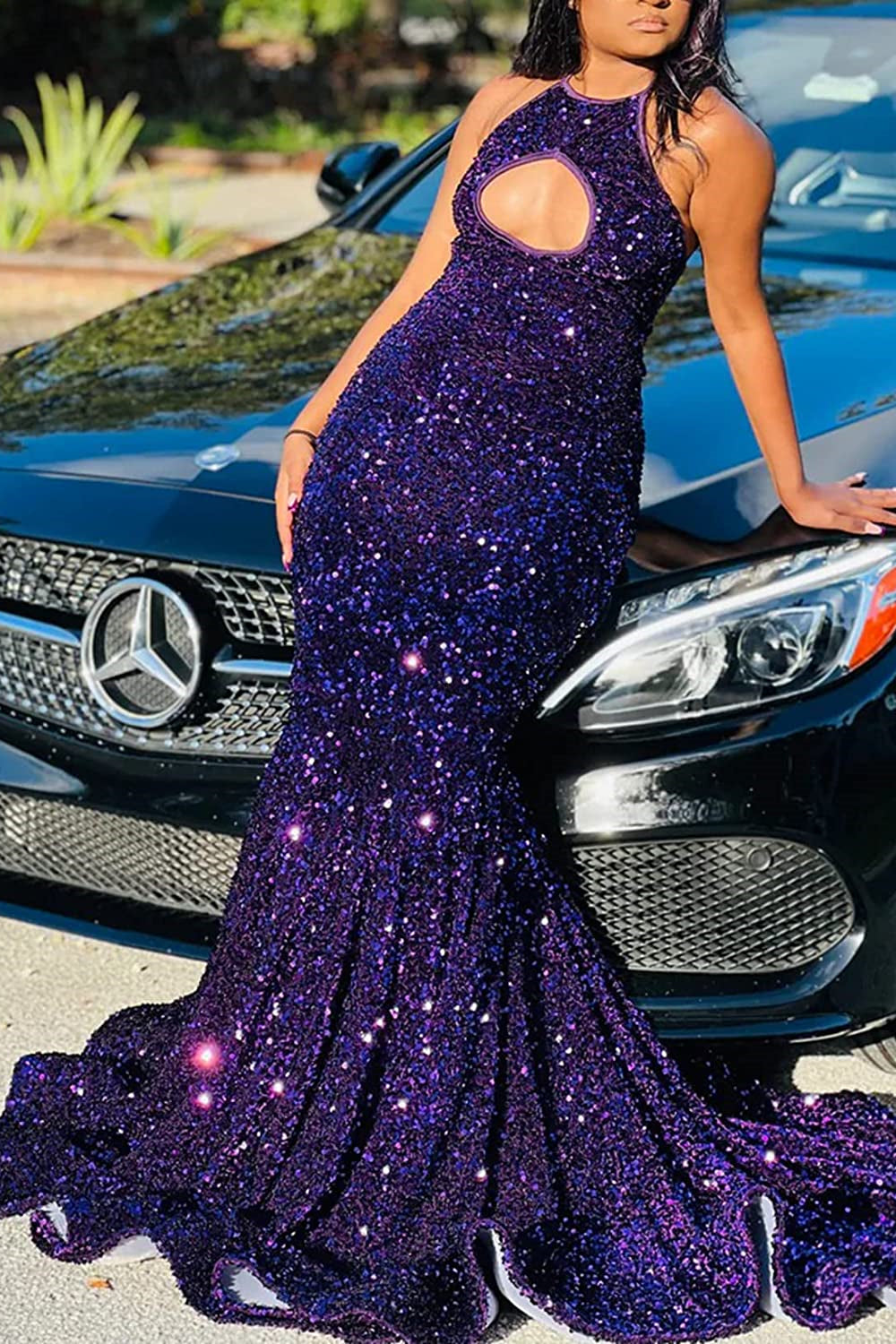 Purple Halter Mermaid Prom Dress with Sequin Sleeveless-BallBride