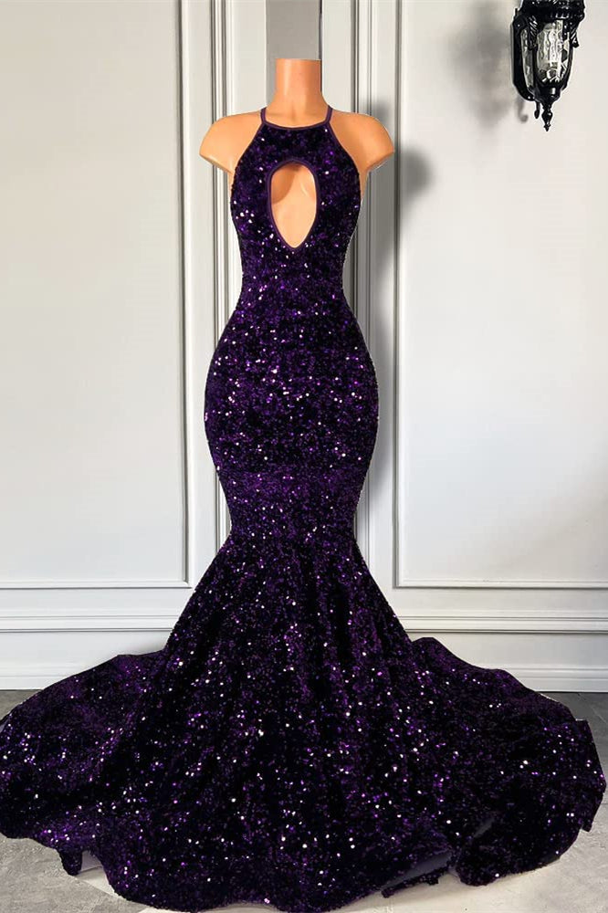 Purple Halter Mermaid Prom Dress with Sequin Sleeveless-BallBride