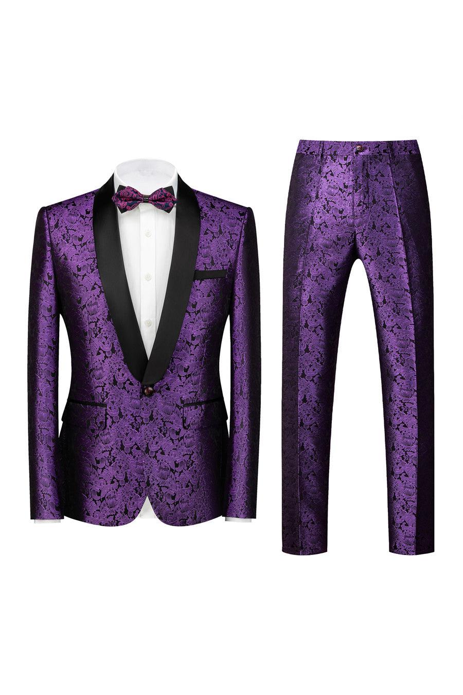 Purple Jacquard Easy Fit Black Lapel Wedding Tuxedo-BallBride