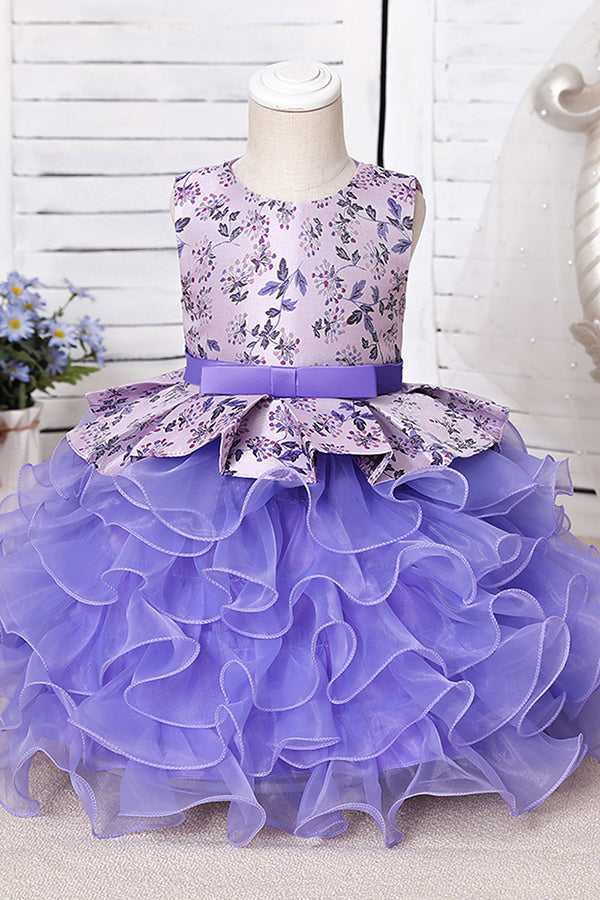 Purple Jewel Sleeveless Floor Length Flower Girl Dress with Ruffles Print-BallBride