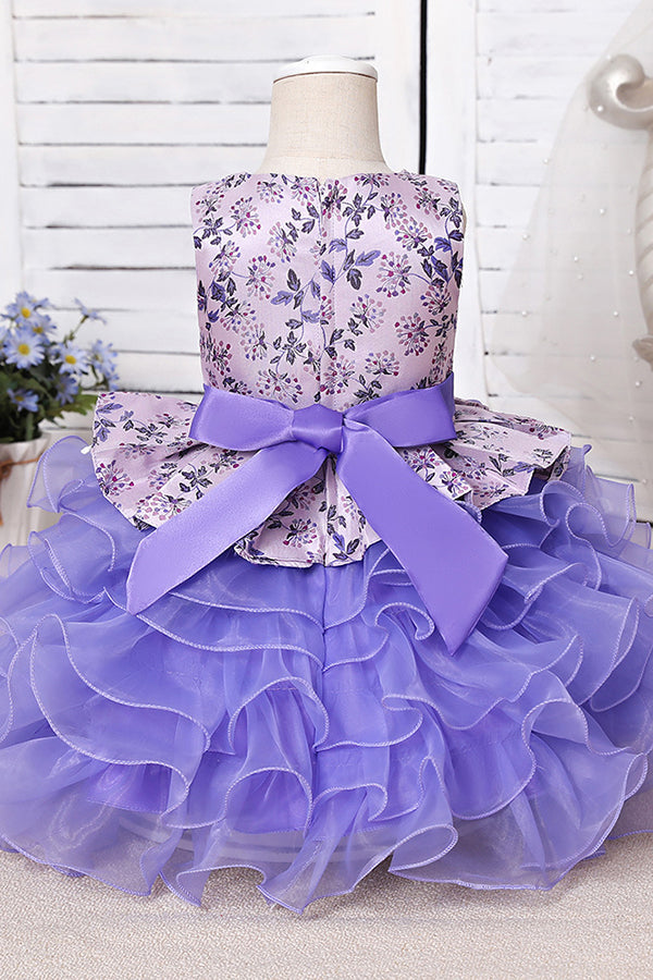 Purple Jewel Sleeveless Floor Length Flower Girl Dress with Ruffles Print-BallBride