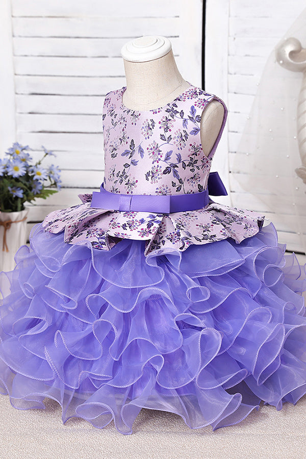 Purple Jewel Sleeveless Floor Length Flower Girl Dress with Ruffles Print-BallBride