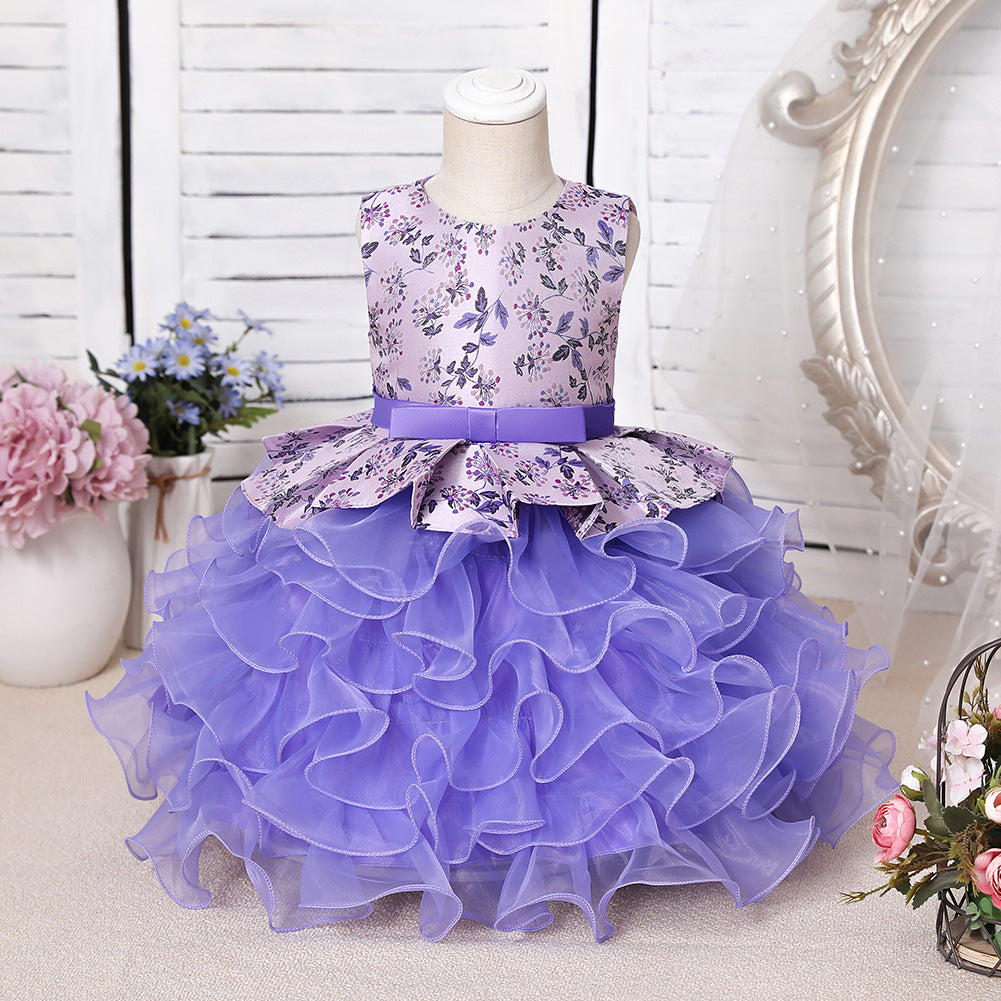 Purple Jewel Sleeveless Floor Length Flower Girl Dress with Ruffles Print-BallBride
