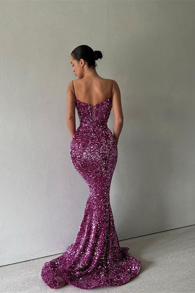 Purple Mermaid Long Evening Dress with Spaghetti Straps and Sequins-BallBride