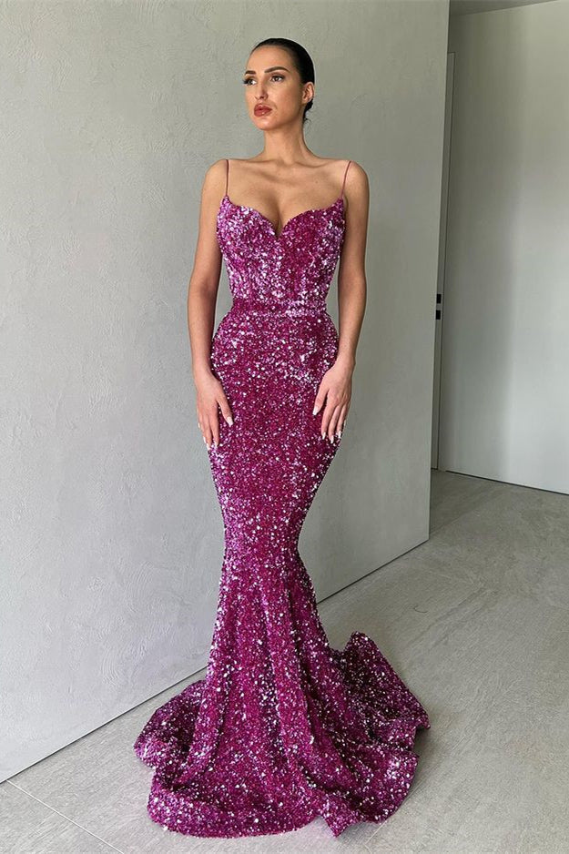 Purple Mermaid Long Evening Dress with Spaghetti Straps and Sequins-BallBride