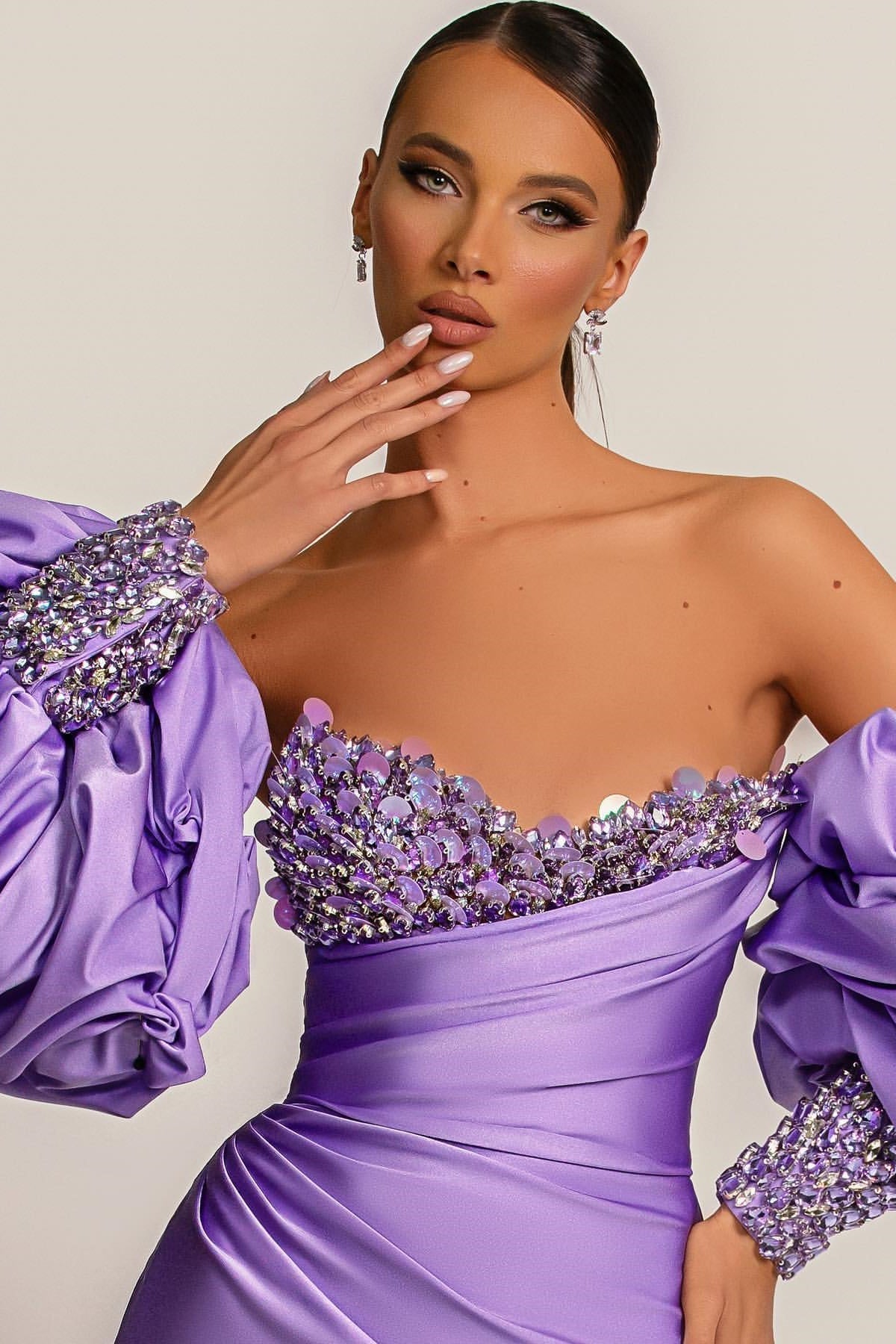 Purple Mermaid Prom Dress With Appliques Puff Sleeves-BallBride