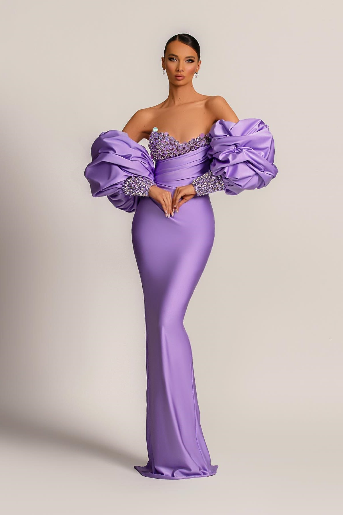 Purple Mermaid Prom Dress With Appliques Puff Sleeves-BallBride