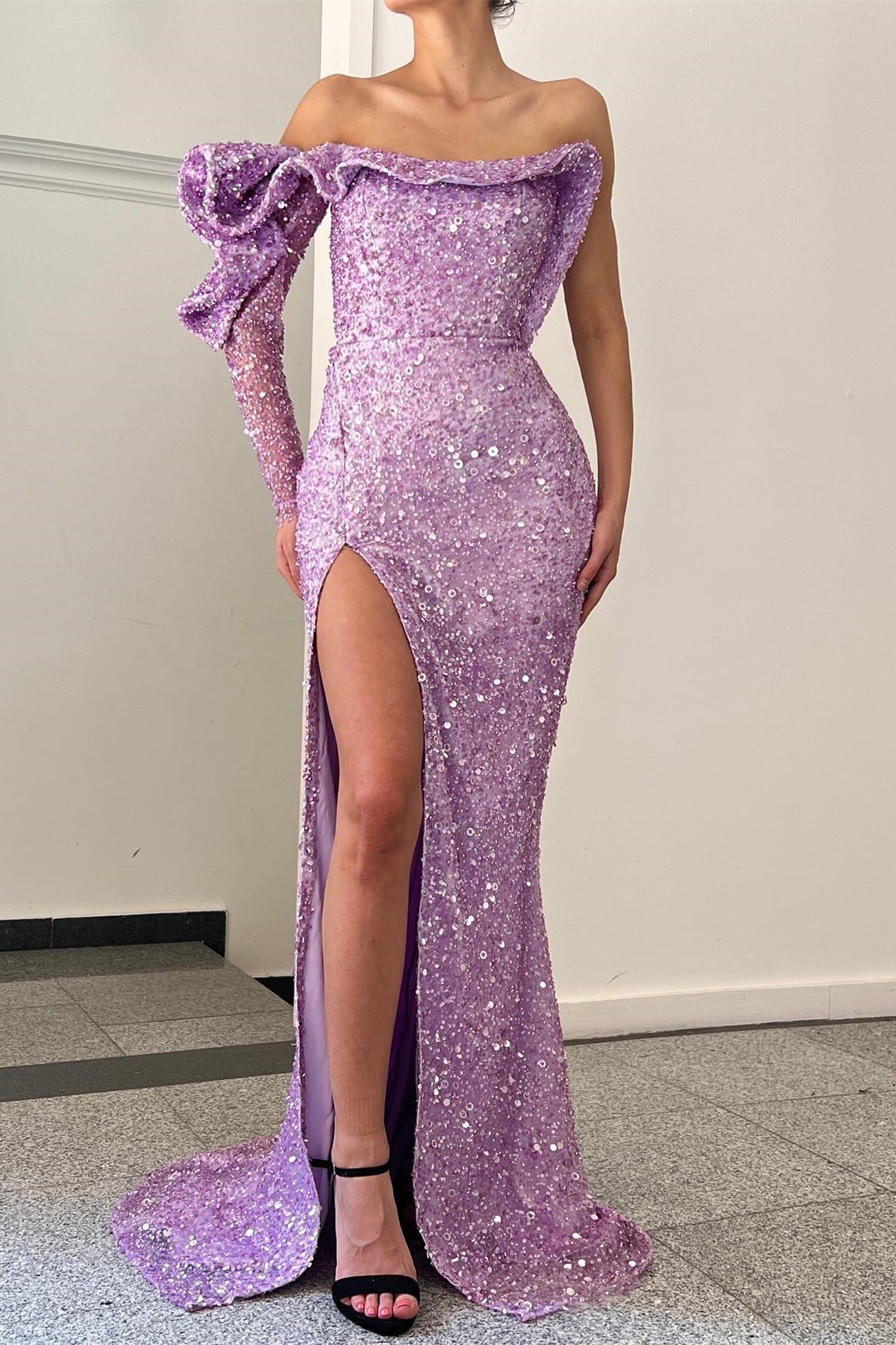 Purple One-Shoulder Sequins Slit Evening Dress With Long Sleeves-BallBride