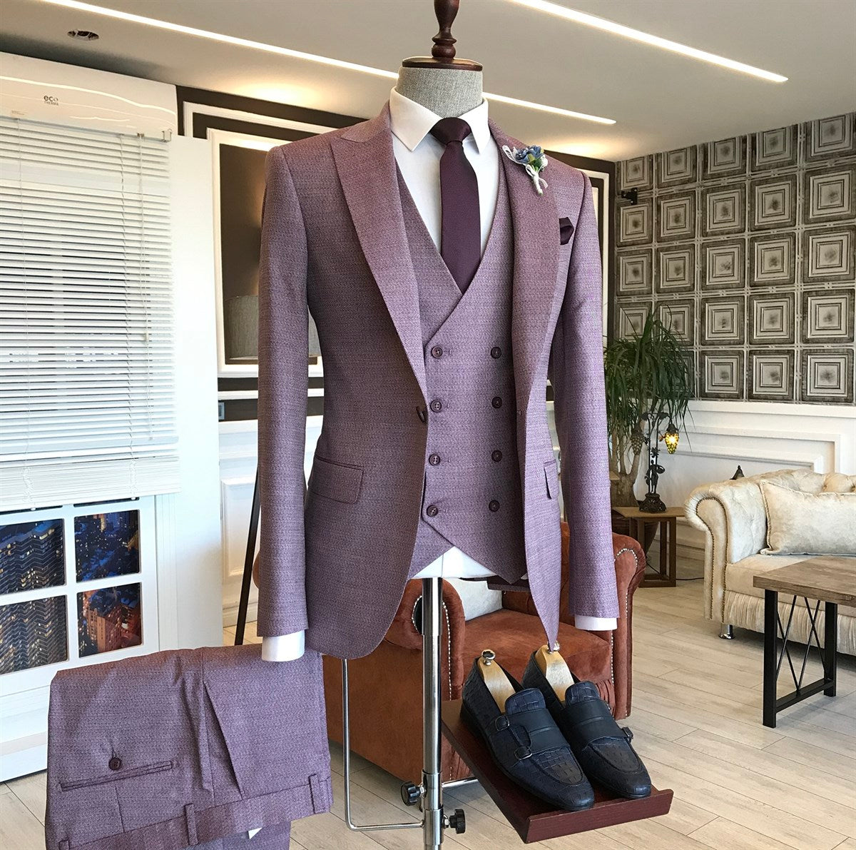 Purple Plaid Groomsmen Outfits with One Button Peaked Lapel-BallBride
