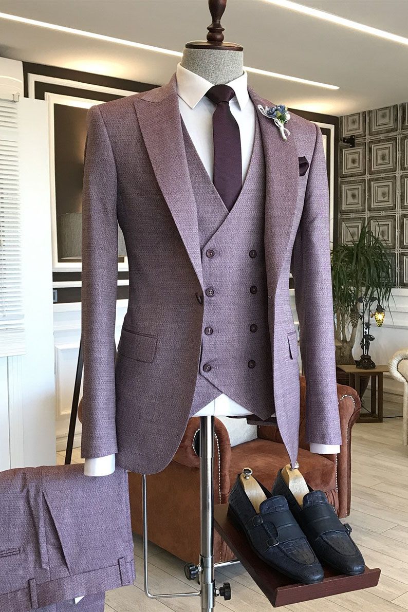 Purple Plaid Groomsmen Outfits with One Button Peaked Lapel-BallBride