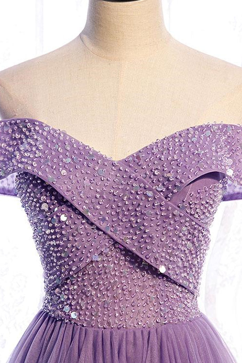 Purple Sequins Sweetheart Off-The-Shoulder Prom Dress-BallBride