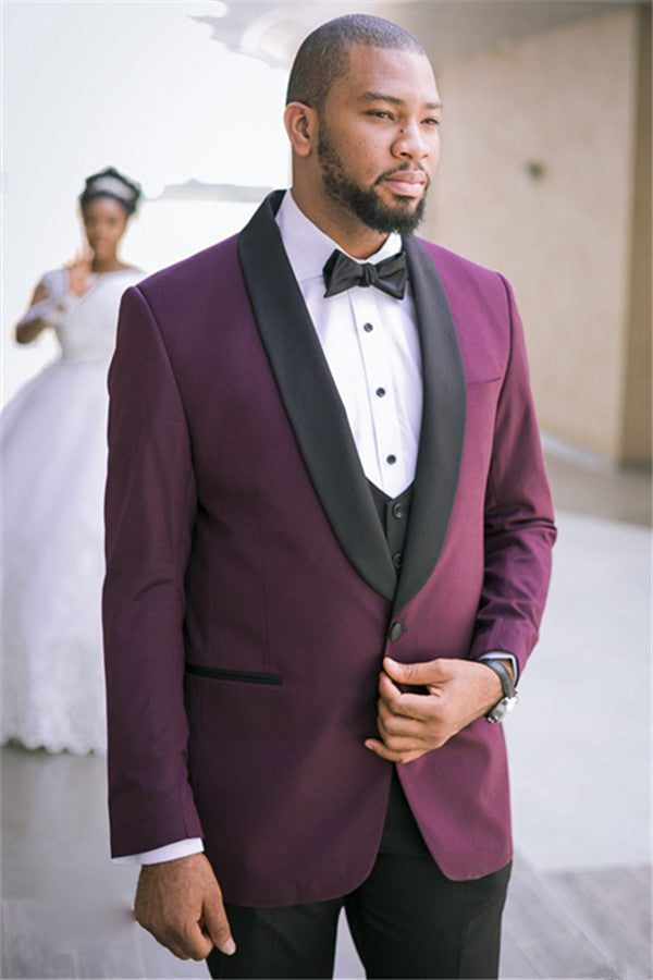 Purple Three-Piece Easy Fit Wedding Suit with Black Lapel-BallBride