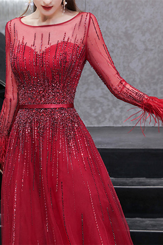 Red Evening Dress with Feather & Sequins - On Sale Now!-BallBride