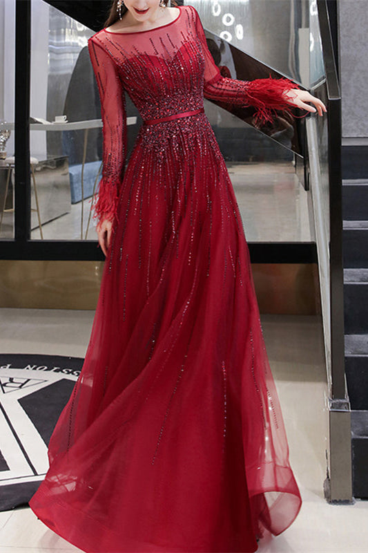 Red Evening Dress with Feather & Sequins - On Sale Now!-BallBride