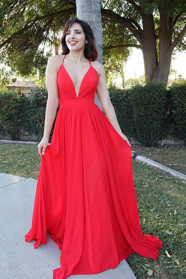 Red Halter V-Neck Elegant Evening Dresses for Modern Women-BallBride
