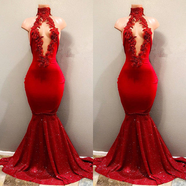 Red Mermaid Prom Dress with High Collar and Sparkly Sequins-BallBride