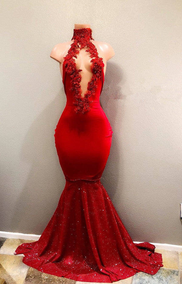 Red Mermaid Prom Dress with High Collar and Sparkly Sequins-BallBride