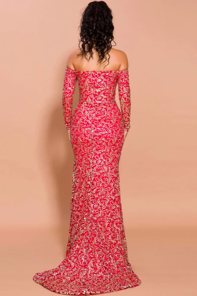 Red Off-the-Shoulder Mermaid Prom Dress Long Sleeves Lace Appliques Evening Gowns With Split-BallBride