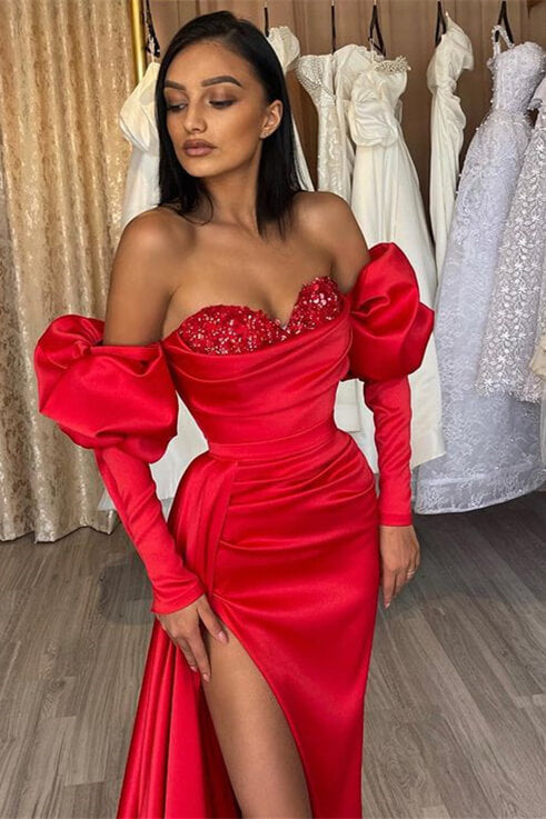 Red Off-The-Shoulder Mermaid Split Prom Dress with Diamond Appliques-BallBride