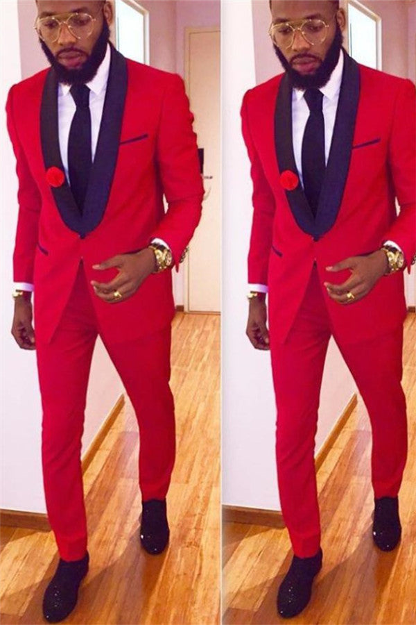 Red One Button Tuxedo Wedding Two Pieces with Shawl Collar-BallBride