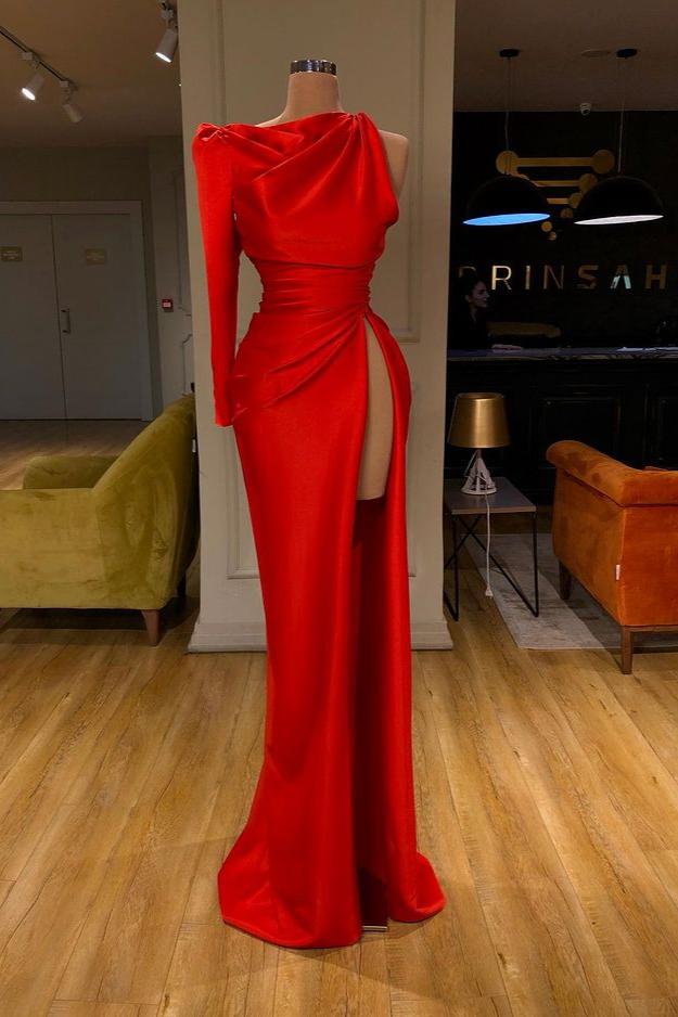 Red One Shoulder Long Sleeve Prom Dress with Slit-BallBride