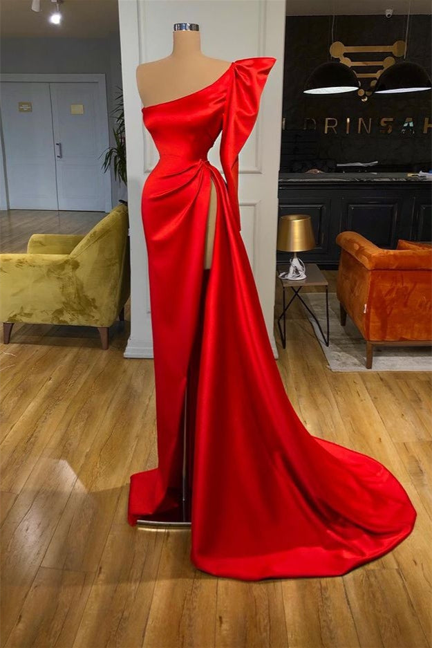 Red One Shoulder Long Sleeves Prom Dress With Slit-BallBride