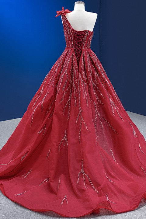 Red One Shoulder Mermaid Prom Dress With Ruffles and Flower Appliques-BallBride