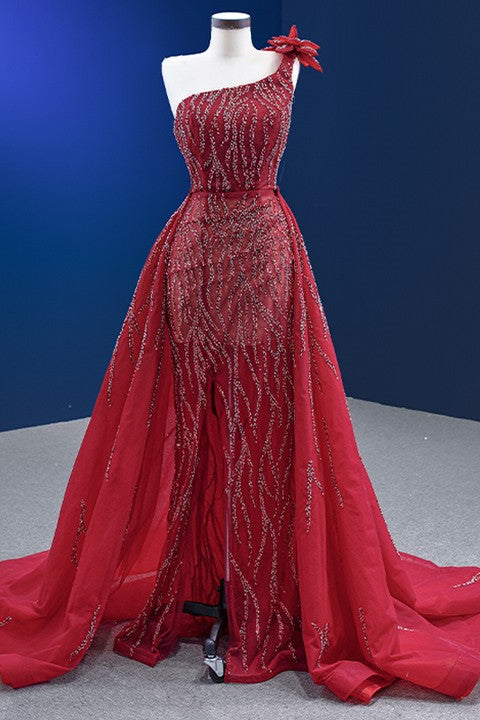 Red One Shoulder Mermaid Prom Dress With Ruffles and Flower Appliques-BallBride