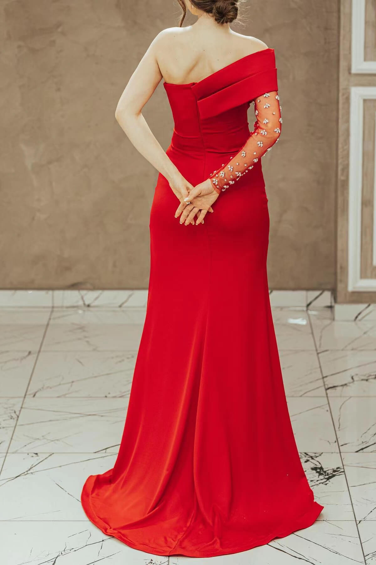 Red One Shoulder Prom Dress with Beadings and Split Mermaid Long Sleeves-BallBride