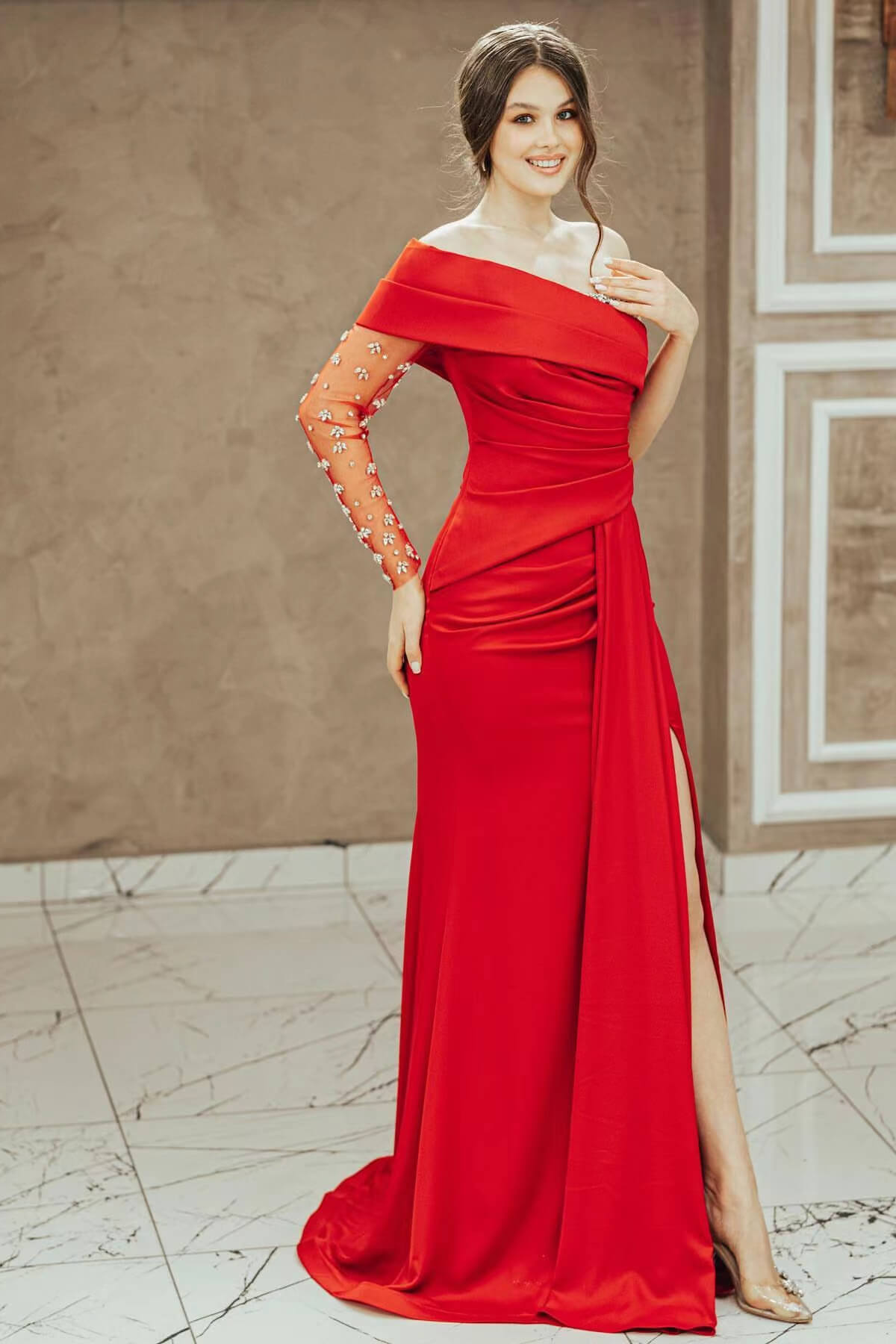 Red One Shoulder Prom Dress with Beadings and Split Mermaid Long Sleeves-BallBride