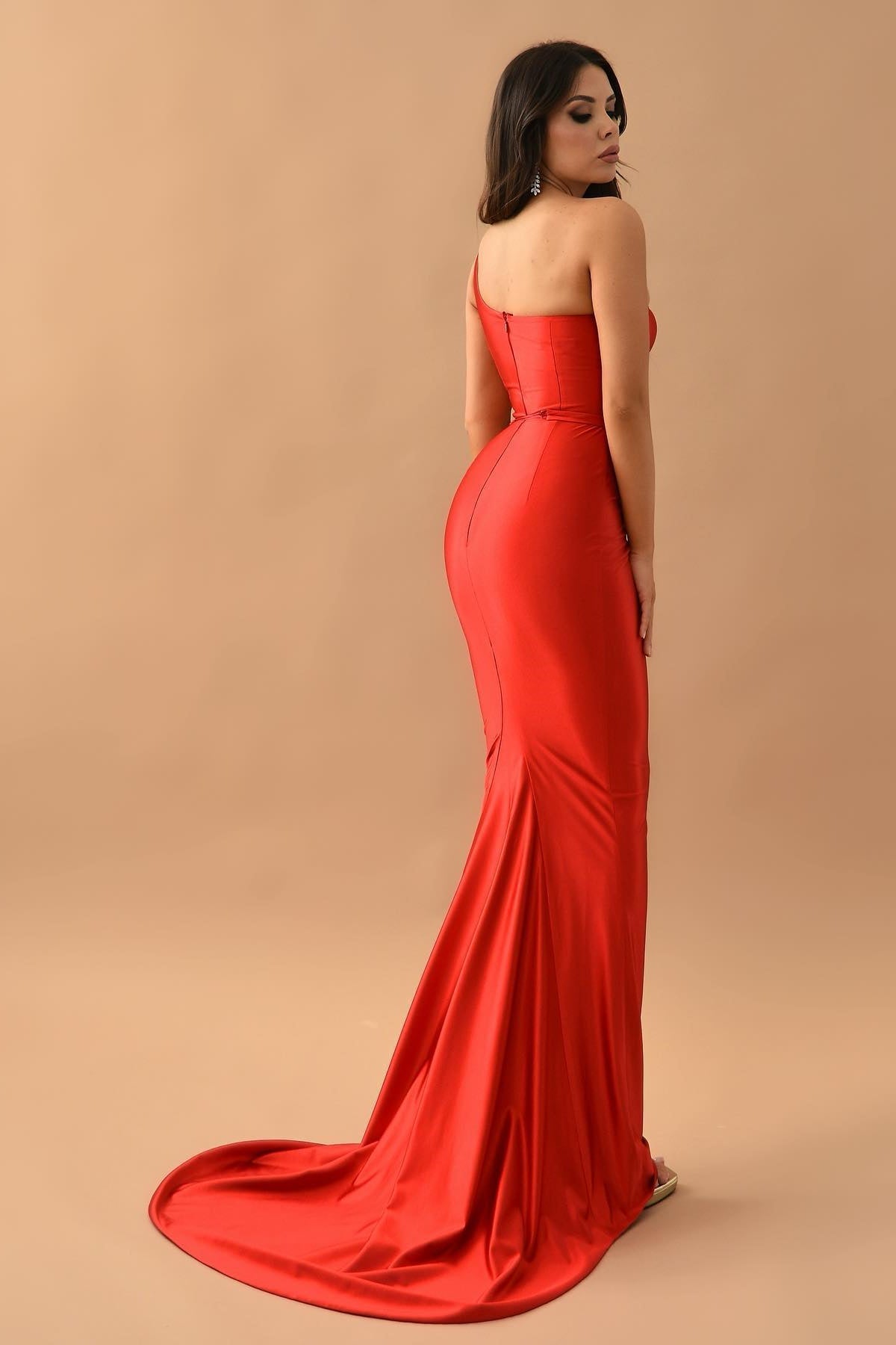 Red One Shoulder Sleeveless Mermaid Evening Dress On Sale Long-BallBride