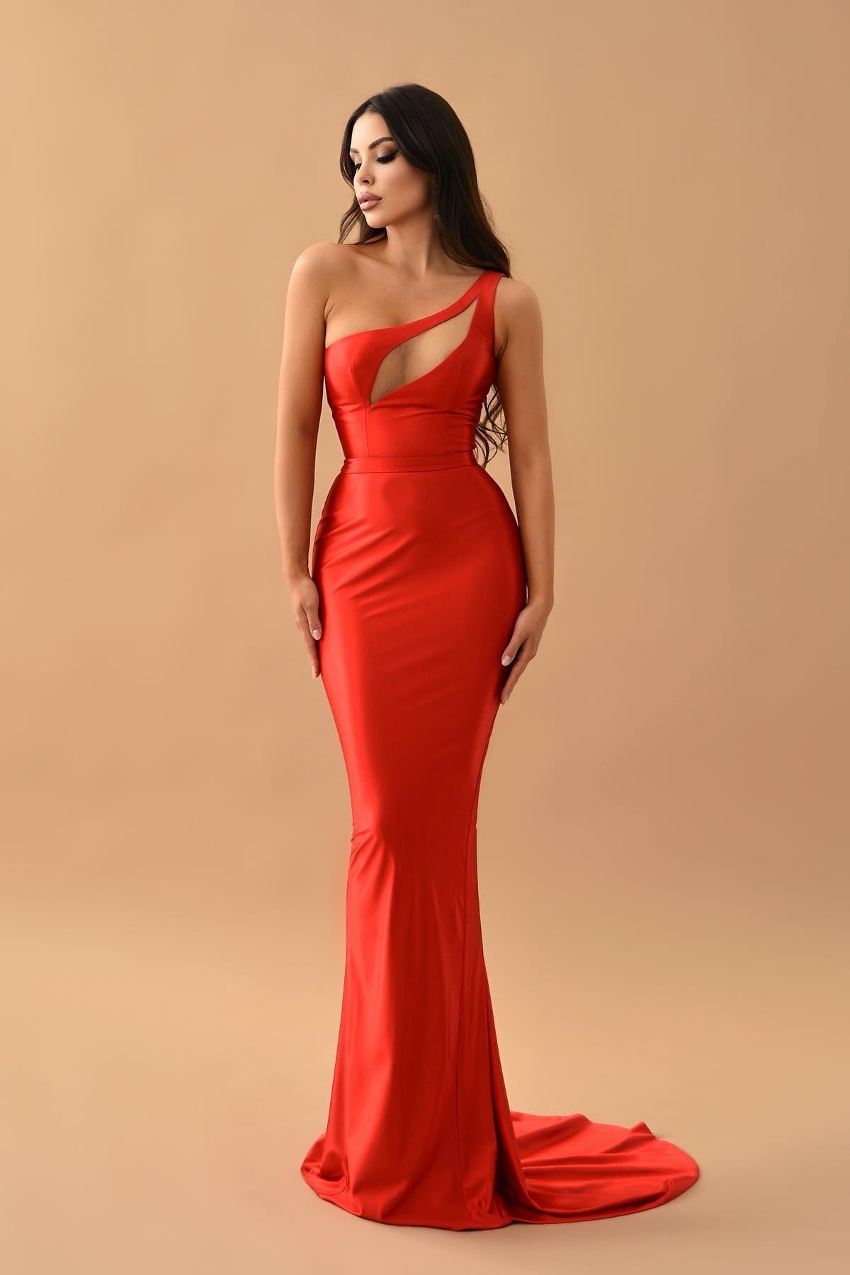 Red One Shoulder Sleeveless Mermaid Evening Dress On Sale Long-BallBride