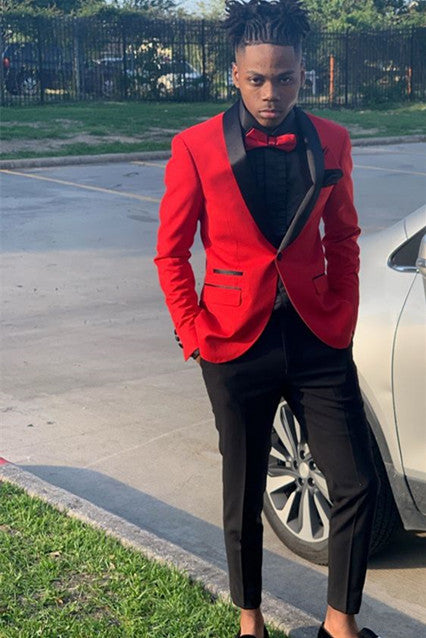 Red Party Suit with Black Shawl Lapel and One Button - Best Prom Look-BallBride