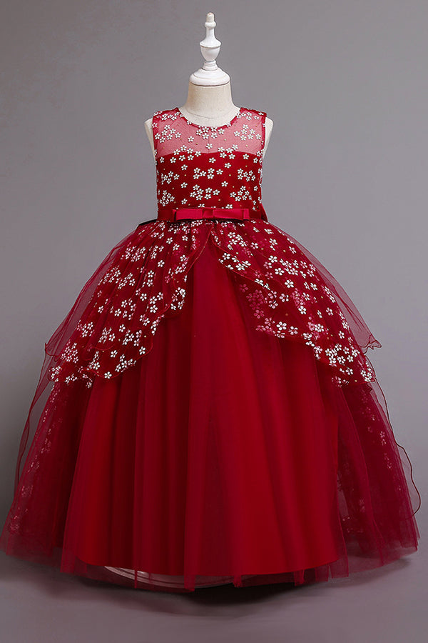 Red Princess Belt Flower Girl Dress with Bow Ball Gown for Weddings-BallBride