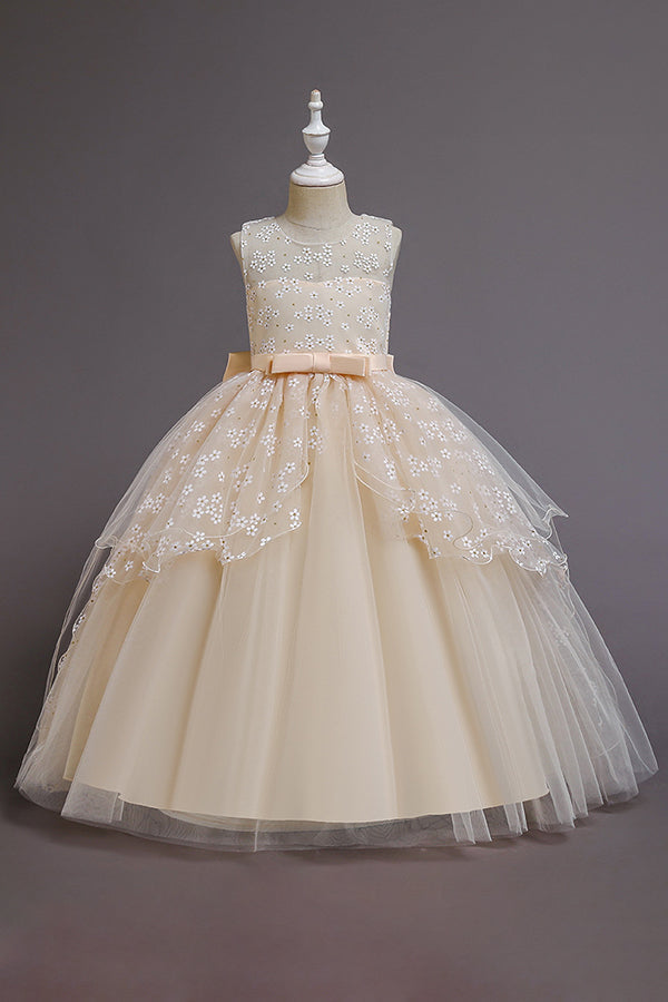 Red Princess Belt Flower Girl Dress with Bow Ball Gown for Weddings-BallBride